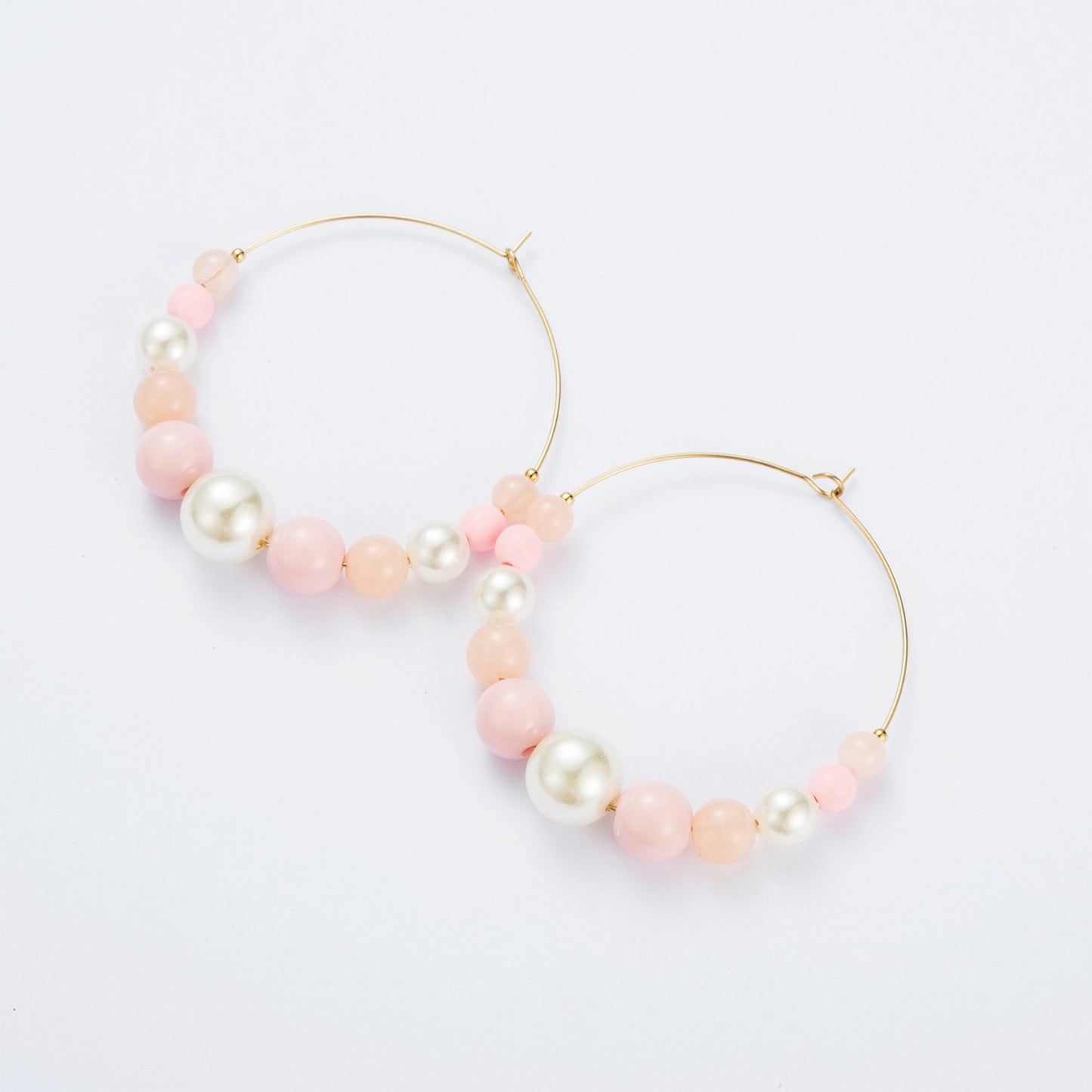 Boucles d'Oreilles en acier inoxydable - Créoles 50mm avec perles roses - or