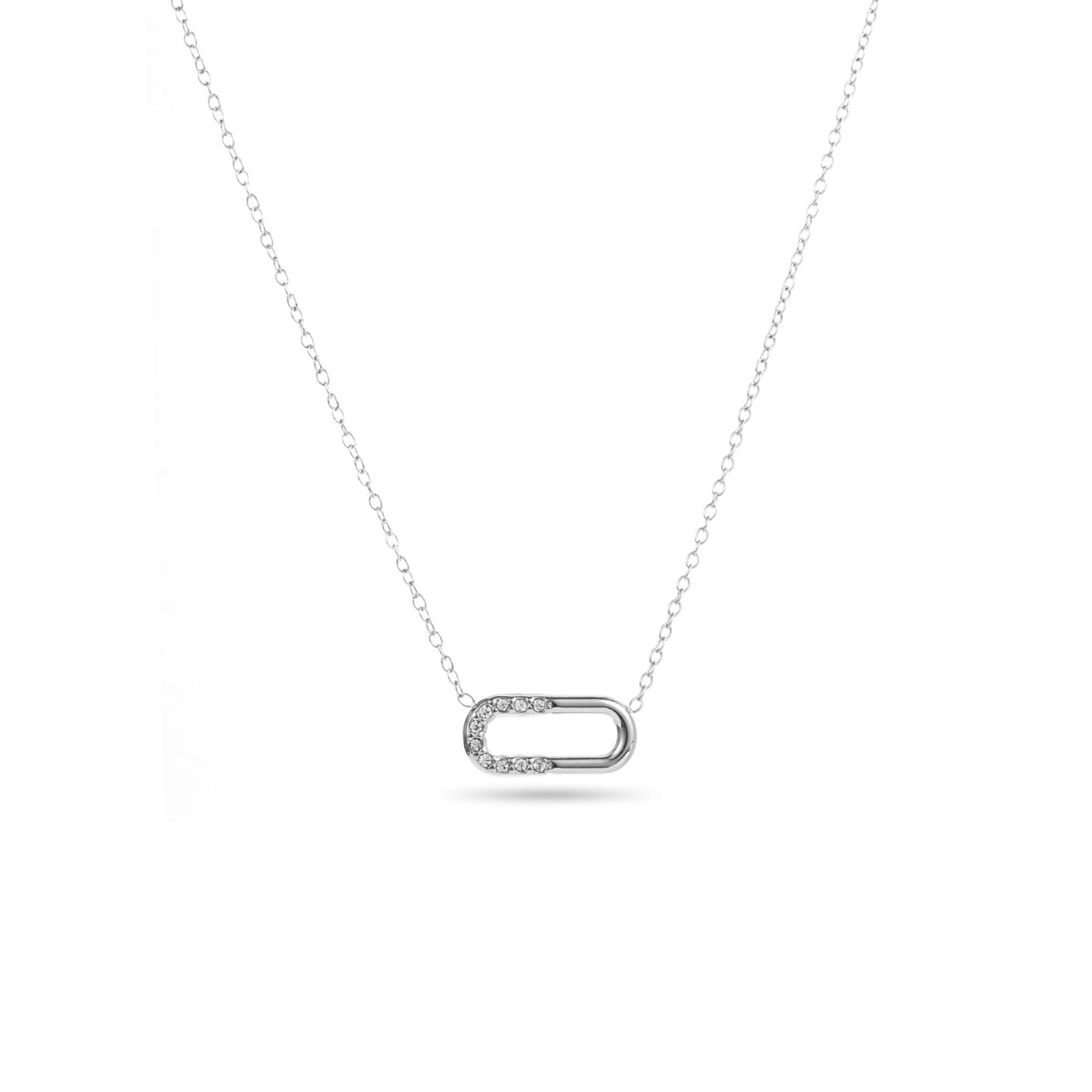 Collier ajustable en acier inoxydable - Pendentif Ovale à Strass - argent