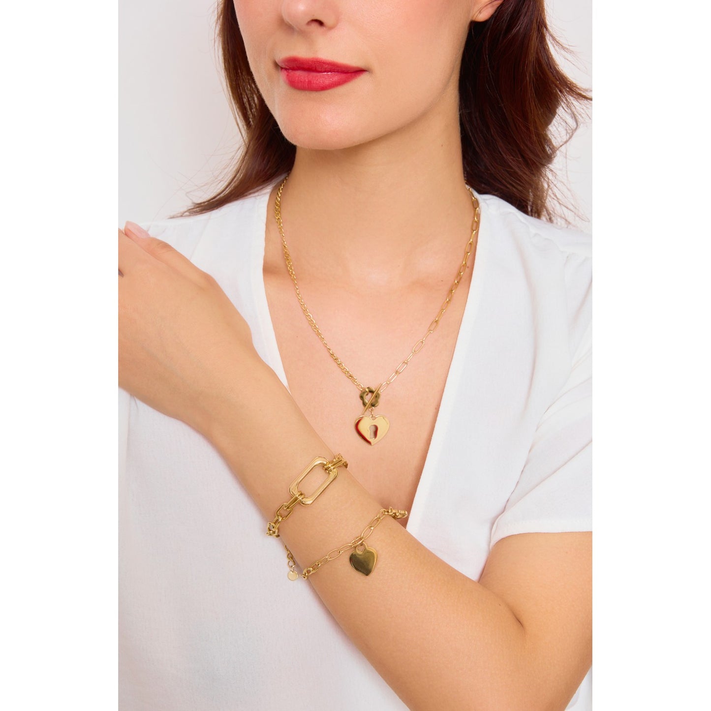 Bracelet ajustable en acier inoxydable - Maille Large & Pendentif Rectangle - or porté