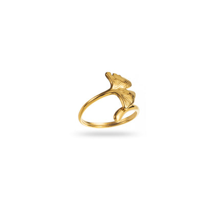Bague ajustable en acier inoxydable - Feuille de Ginkgo - or