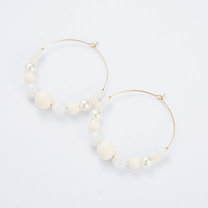 Boucles d'Oreilles en acier inoxydable - Créoles 50mm avec perles blanches - or